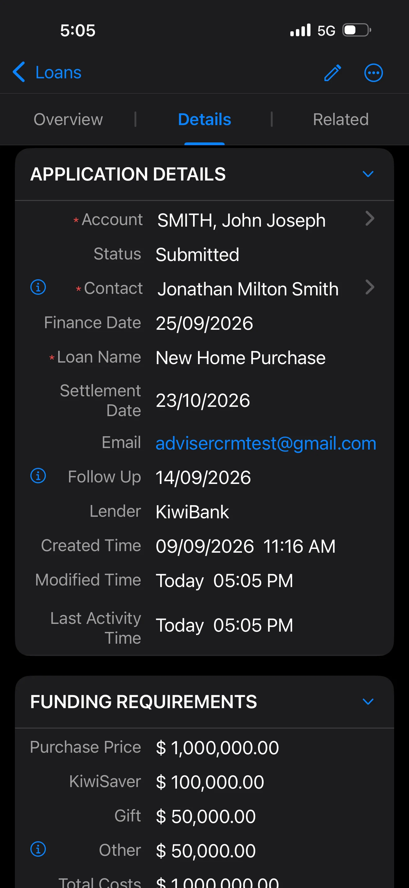 Adviser CRM mobile loan record showing application details, lender and key dates