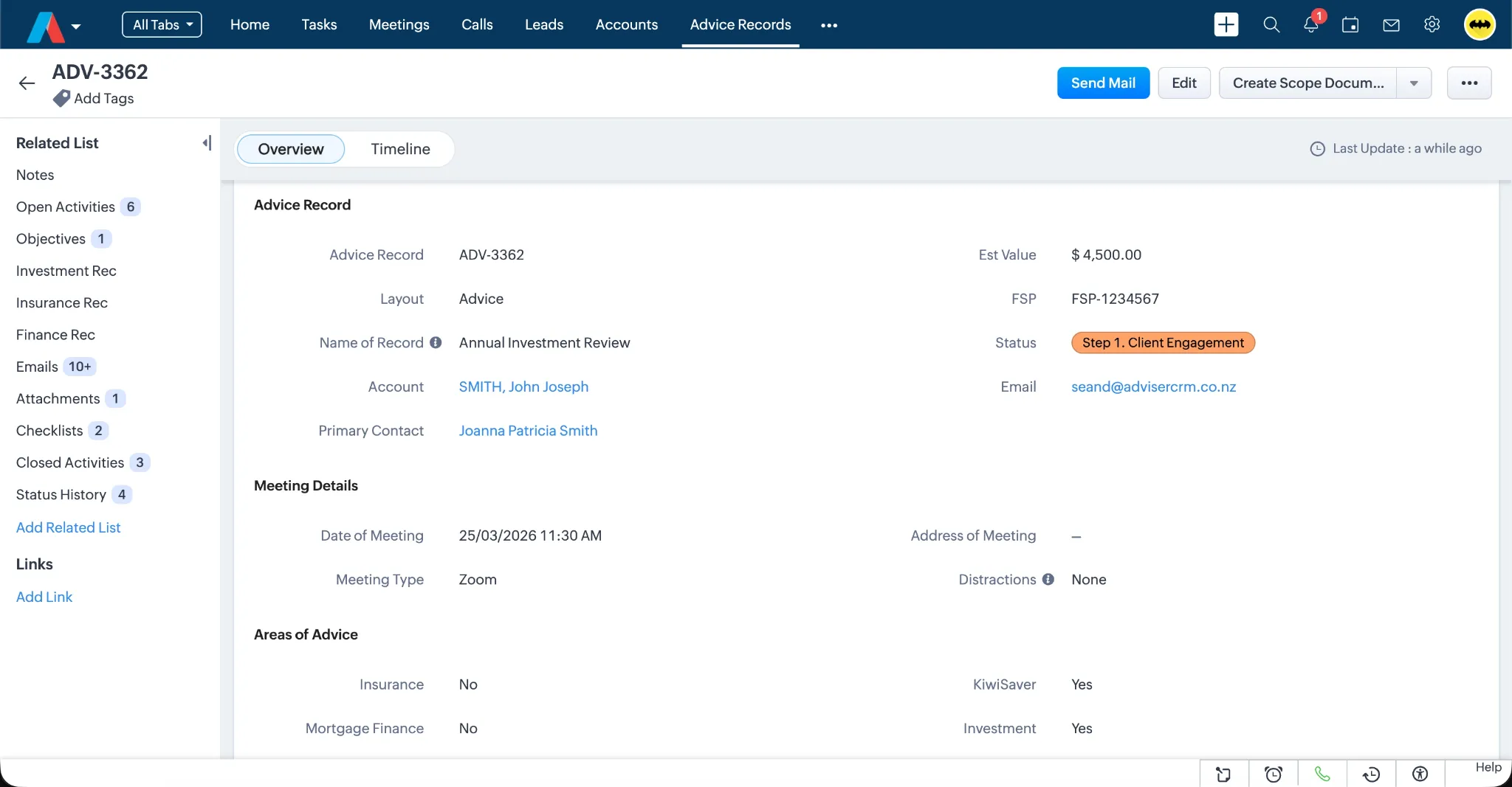 Detailed advice record in Adviser CRM