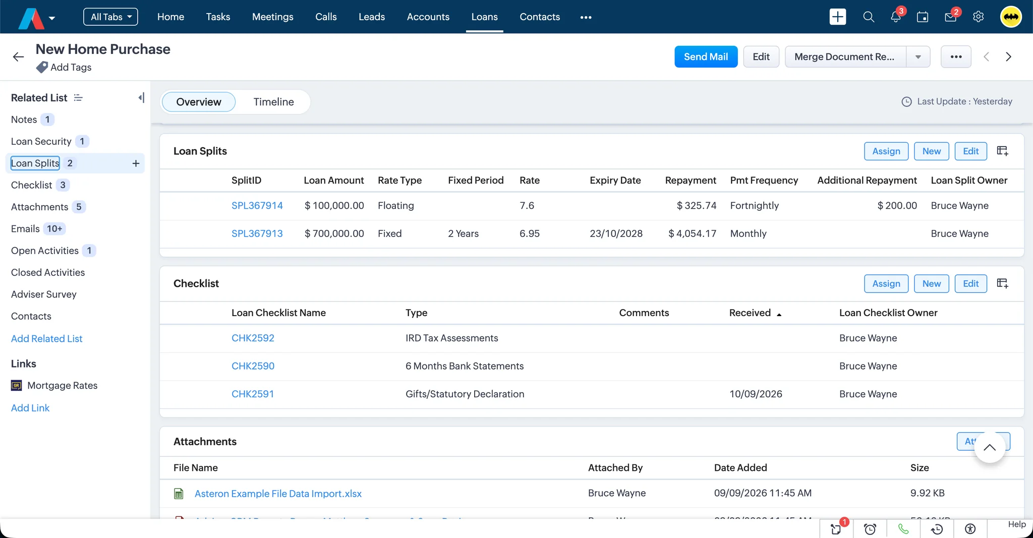 Loan record in Adviser CRM showing loan splits and a document checklist